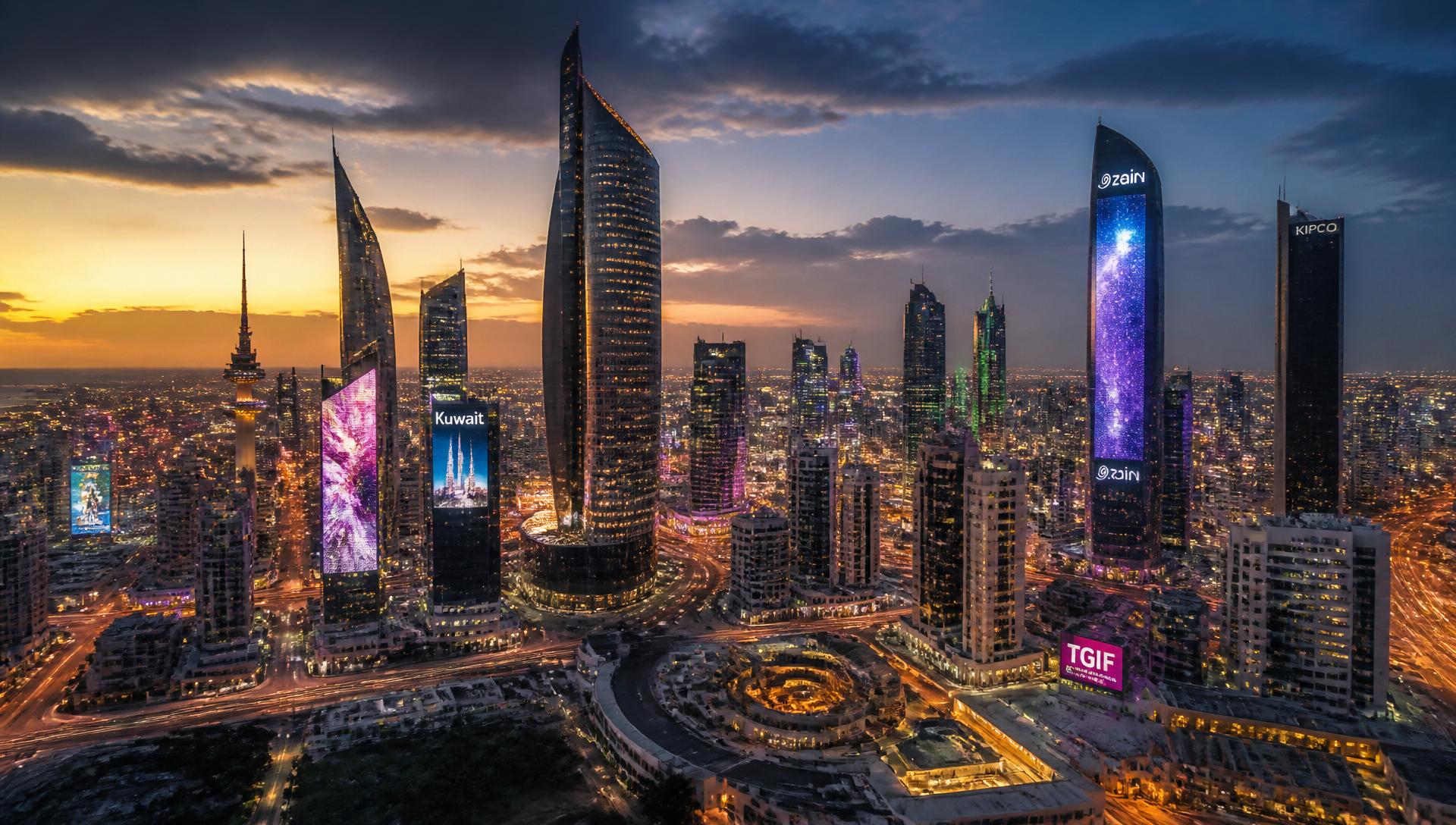 Kuwait skyline at dusk with illuminated signage and LED billboards